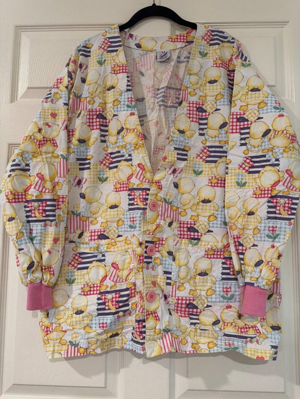 Duck Print S.C.R.U.B.S. Unisex Button-Up Jacket With Pink Cuffs & Pockets 100% C